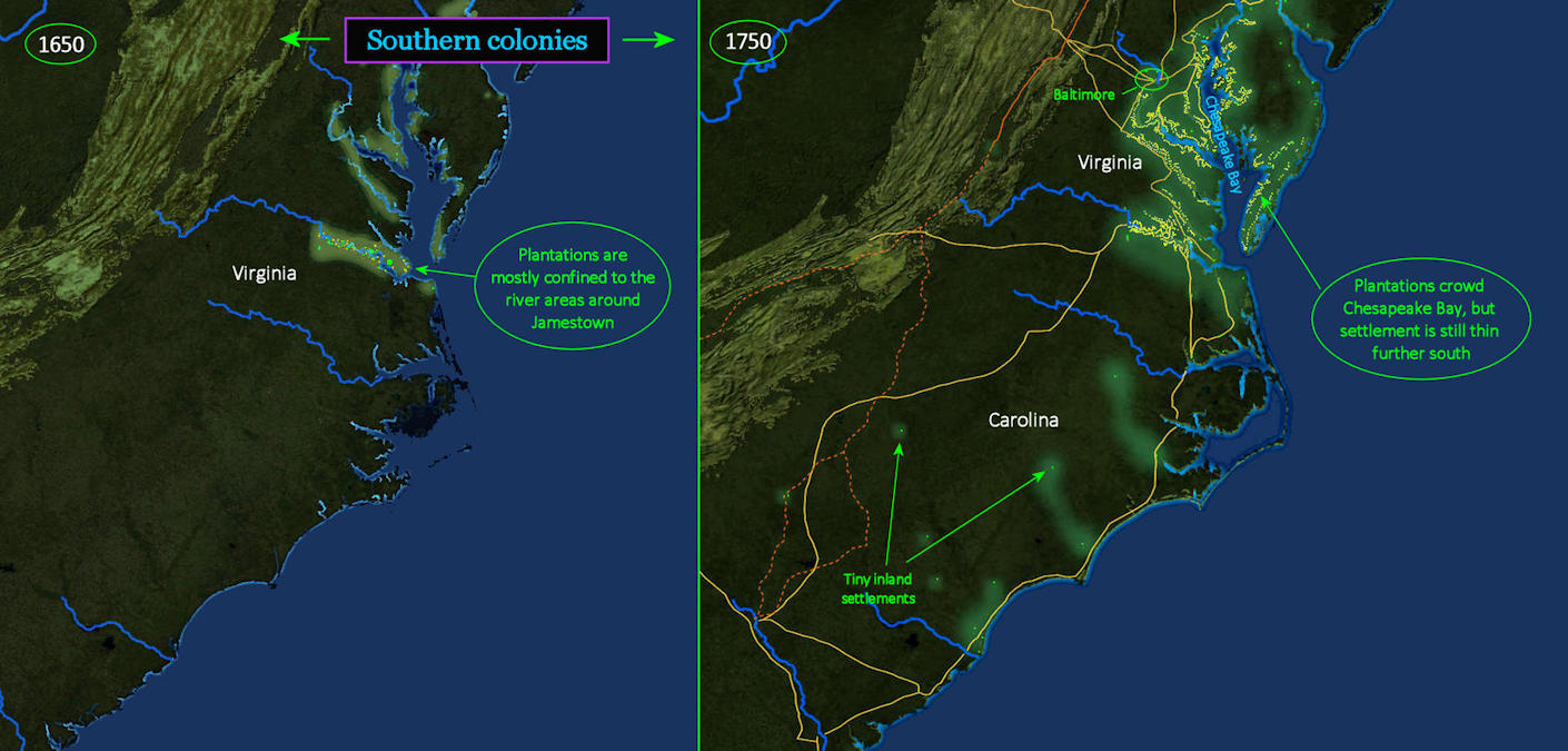 Southern growth, 1650-1750 map